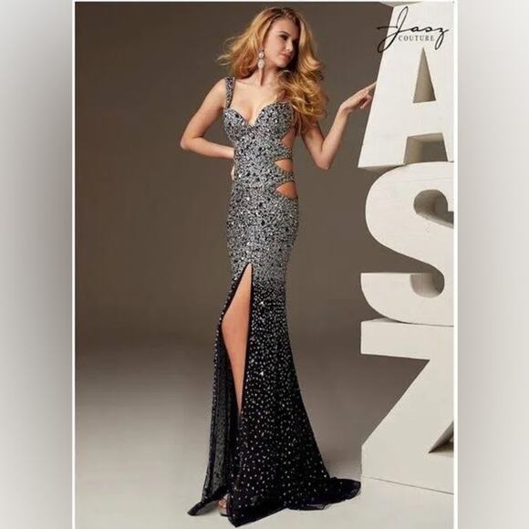 Jasz Couture 6215 navy blue ombre fully beaded cutout prom dress NEW 2 - Picture 2 of 8